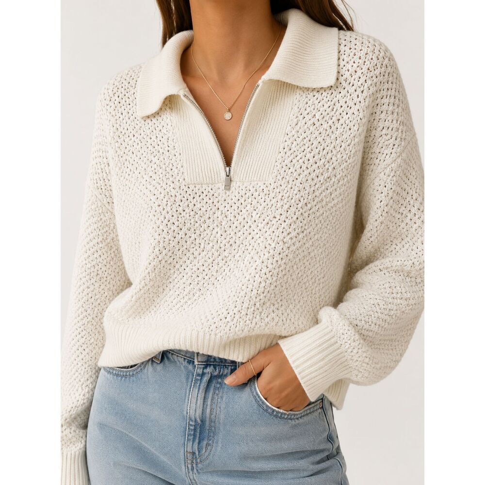 89th + Madison White Cotton‎ Open Knit Quarter Zip Sweater L Coastal Grandmacore